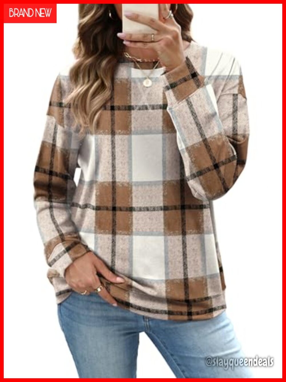 Women's Crew Neck Sweatshirt Long Sleeve Plaid Casual Pullover